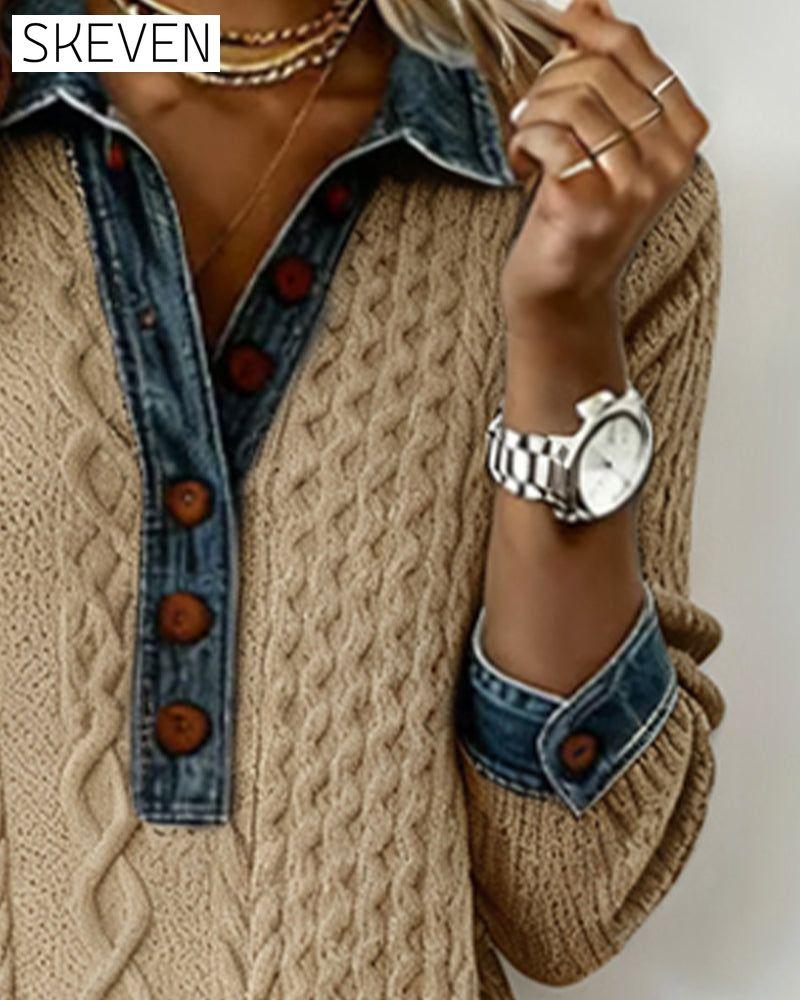Denim cable knit patchwork collared dress
