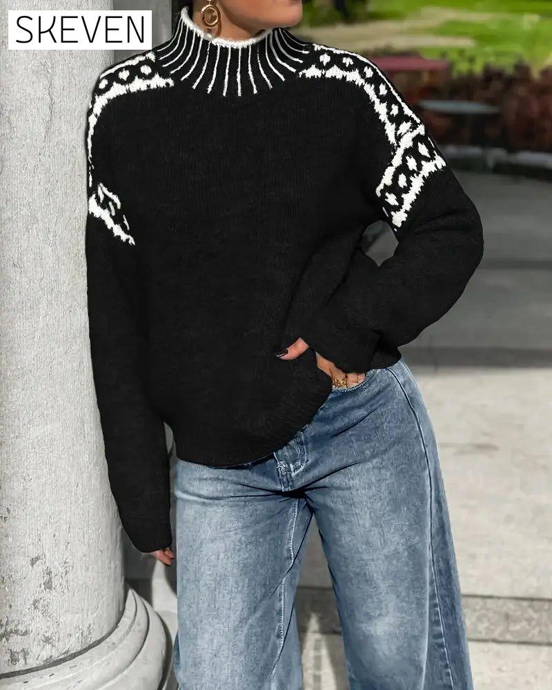 High Neck Patterned Contrast Jumper