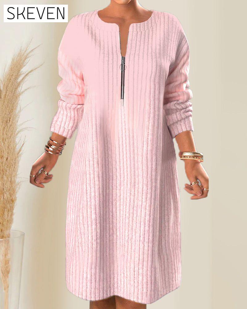 Solid Color Zipper Neck Dress