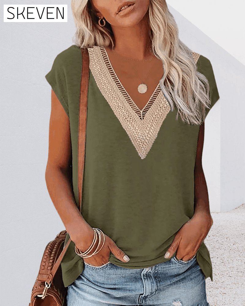 V-neck lace T-shirt 23BF clothes Short Sleeve Tops Spring Summer T-shirts Tops/Blouses