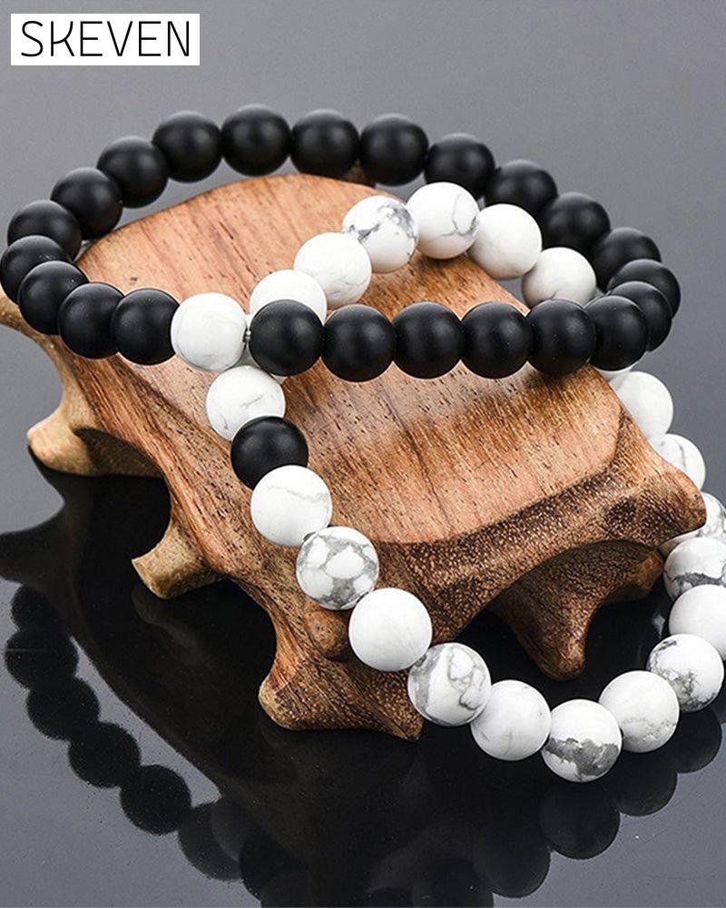 Black and white bead woven couple bracelet set Jewelry