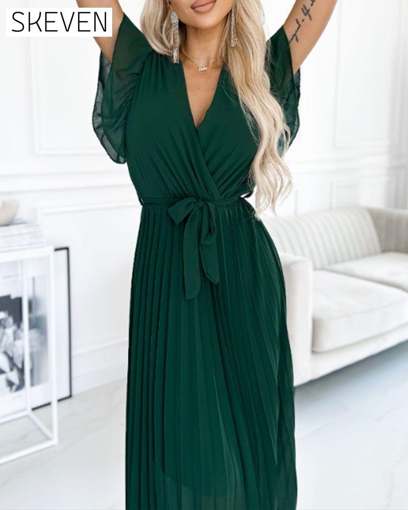 Solid color ruffled sleeves V-neck elegant dress casual dresses summer