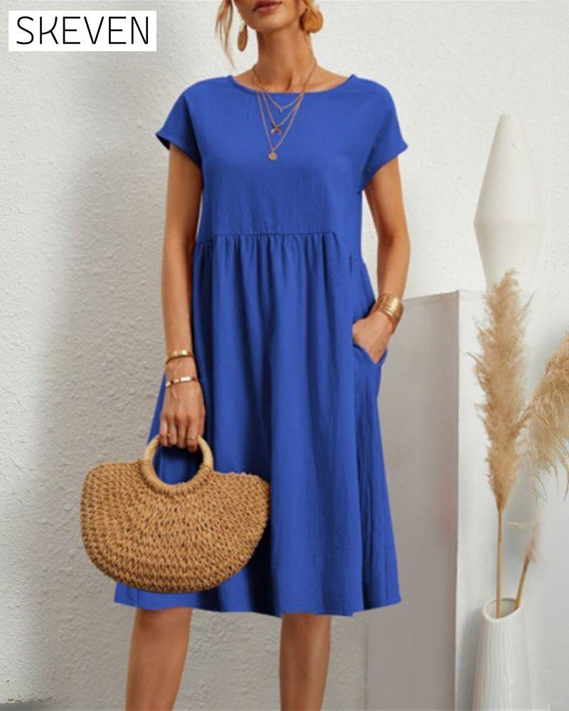 Round neck loose cotton and linen dress Blue 23BF casual dresses Clothes Cotton and Linen discount Dresses Spring summer