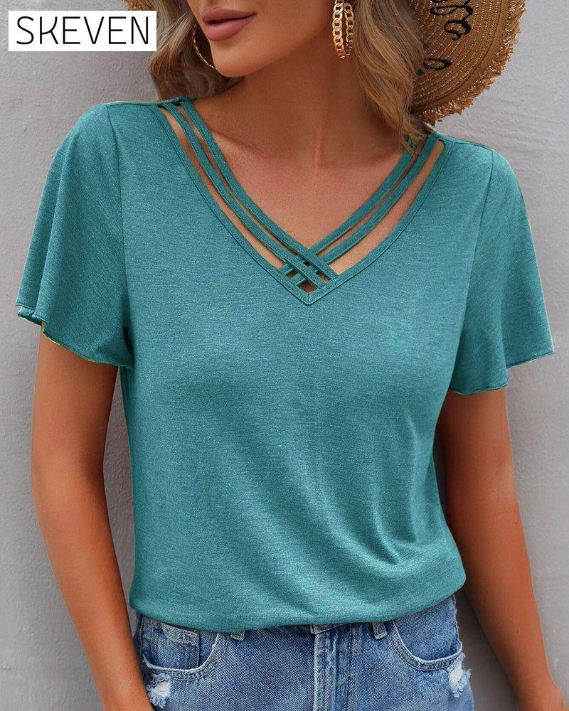 Solid color Cut Out T-shirt Cyan 23BF clothes Short Sleeve Tops Summer T-shirts Tops/Blouses