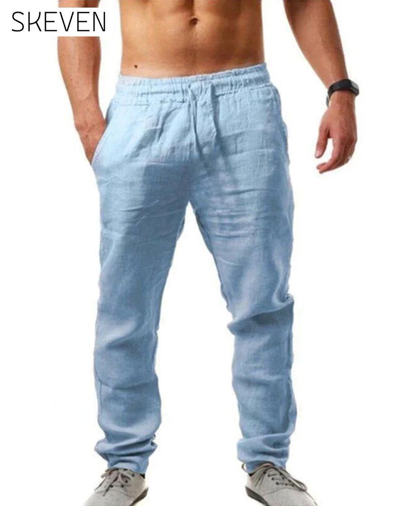 Pantalon en coton et lin respirant, couleur unie