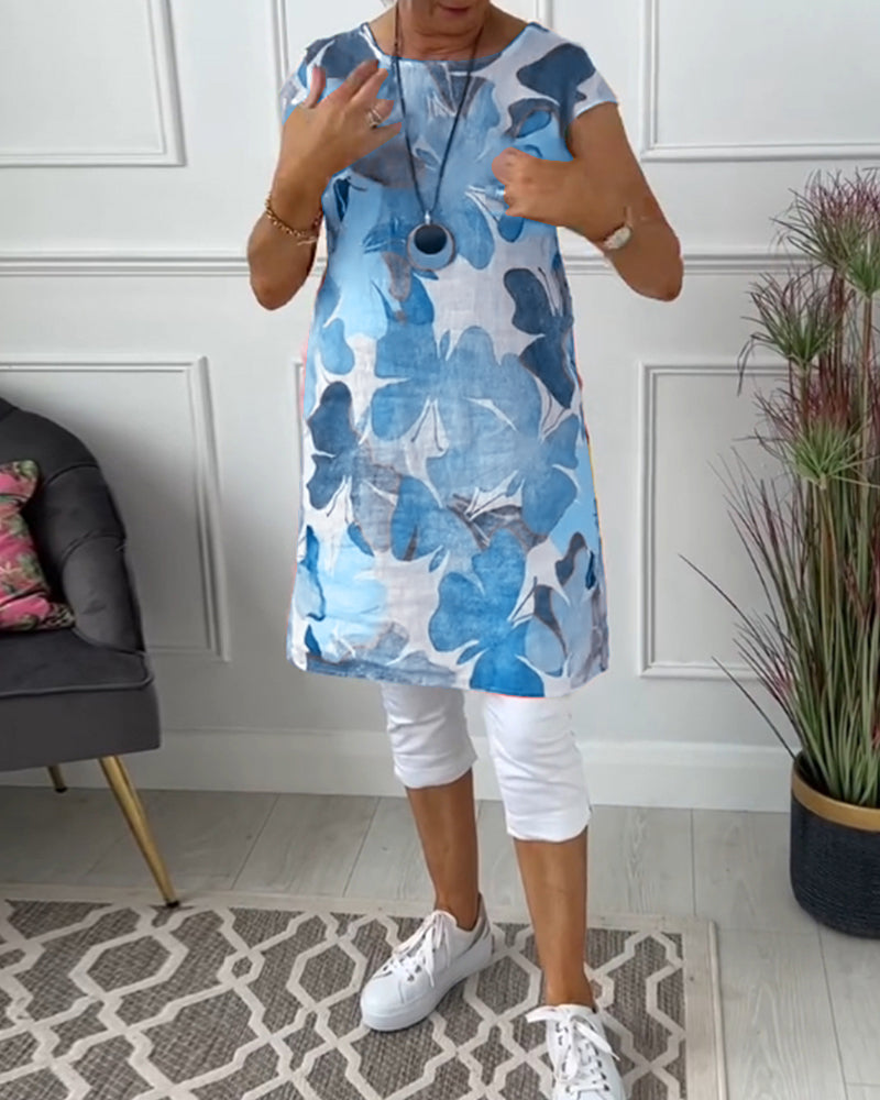 Colorful floral print casual long top