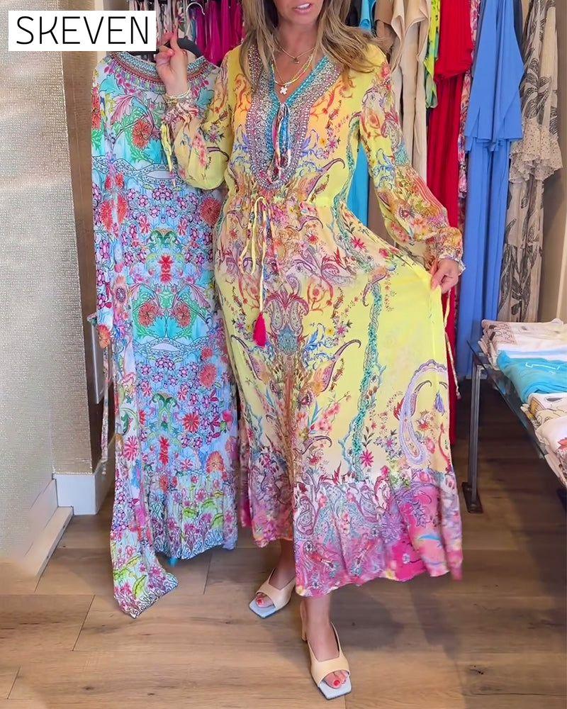 Long sleeve printed resort dress