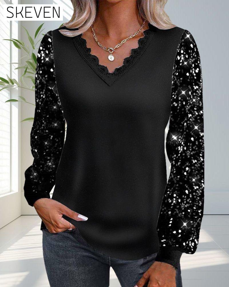 Casual solid color sequin V-neck top