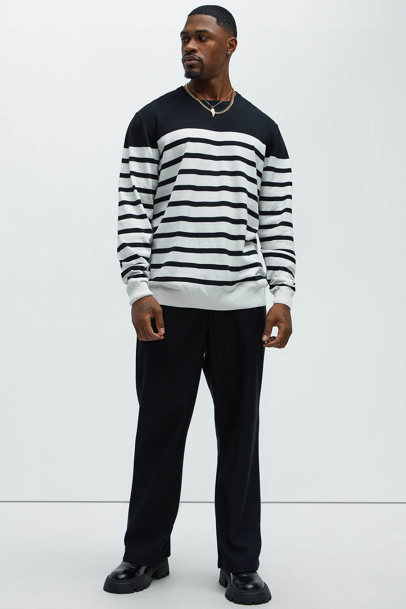 Mens Black Stripe Crewneck Sweater