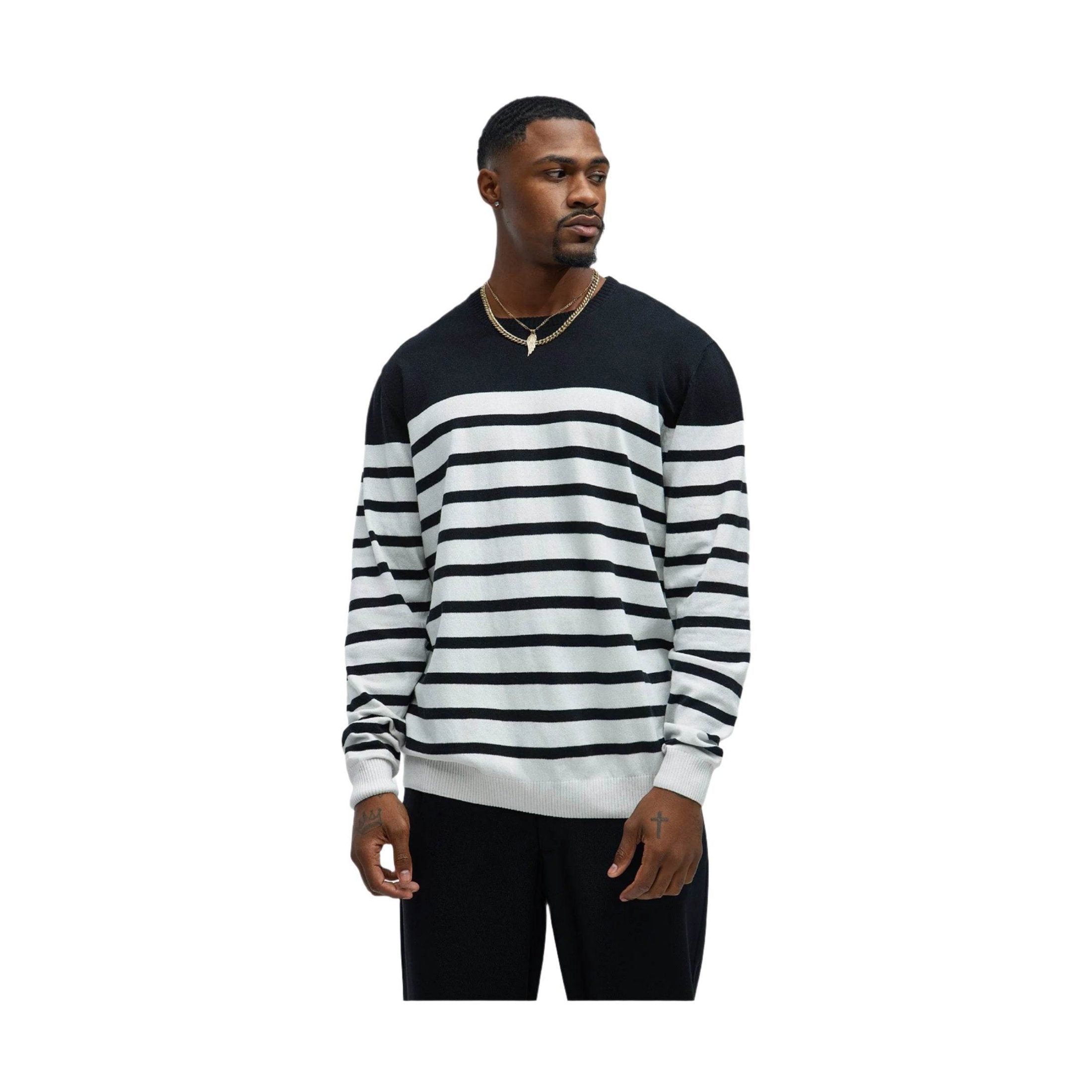 Mens Black Stripe Crewneck Sweater