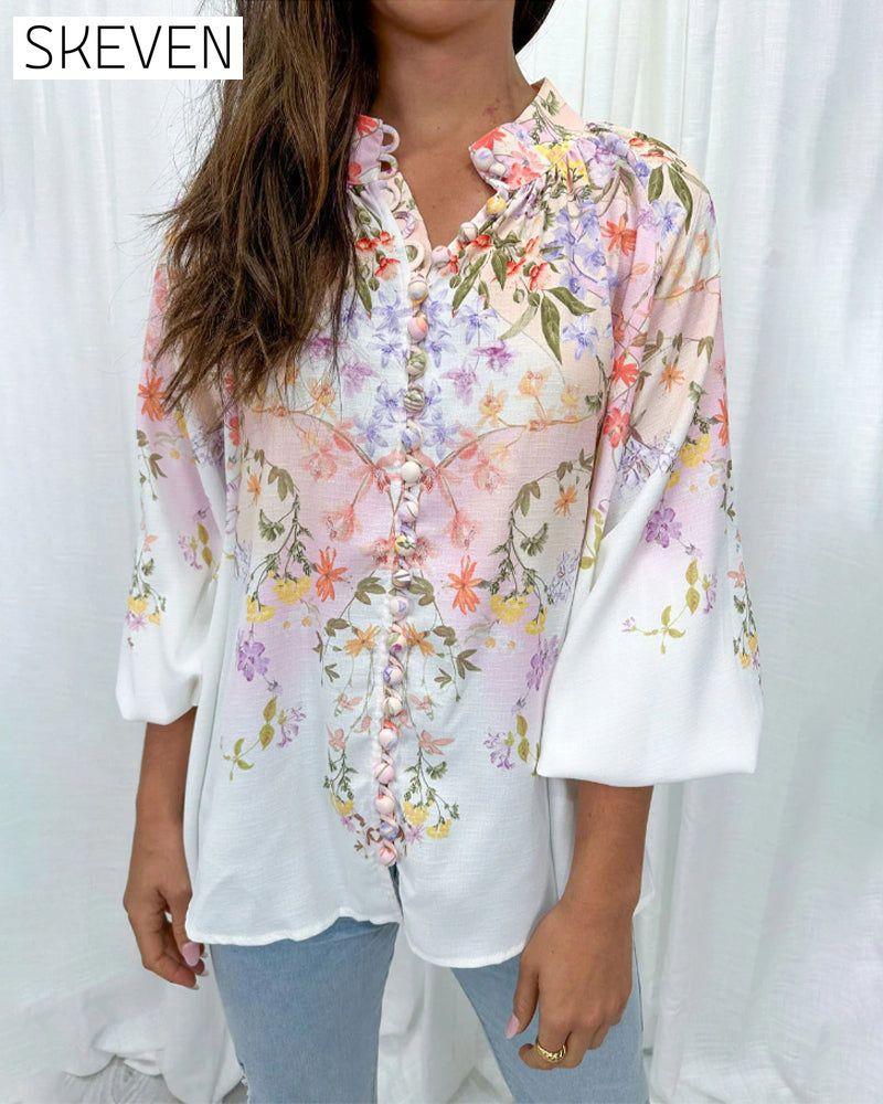 Floral print lantern sleeve button blouse 202466 blouses & shirts spring summer