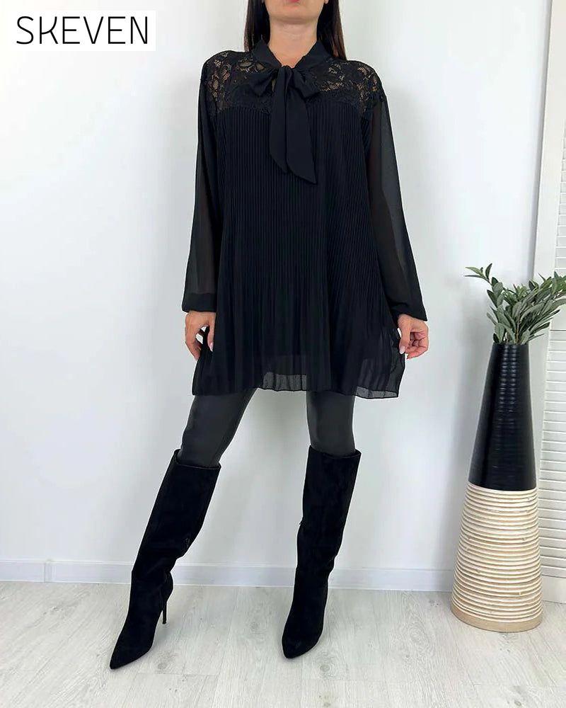 Solid Color Ribbon Pleated Loose Blouse