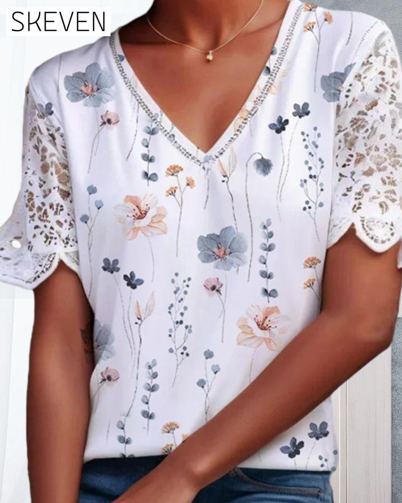 Lace-patched and printed blouse