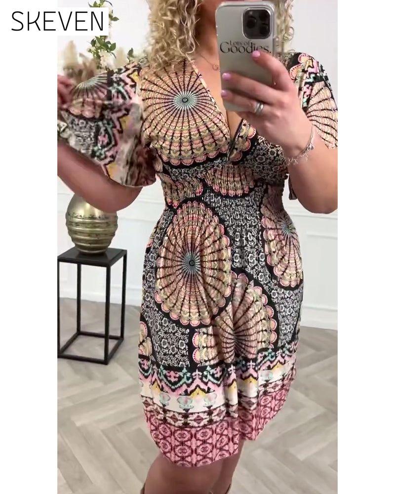 Deep V printed resort dress boho dresses summer