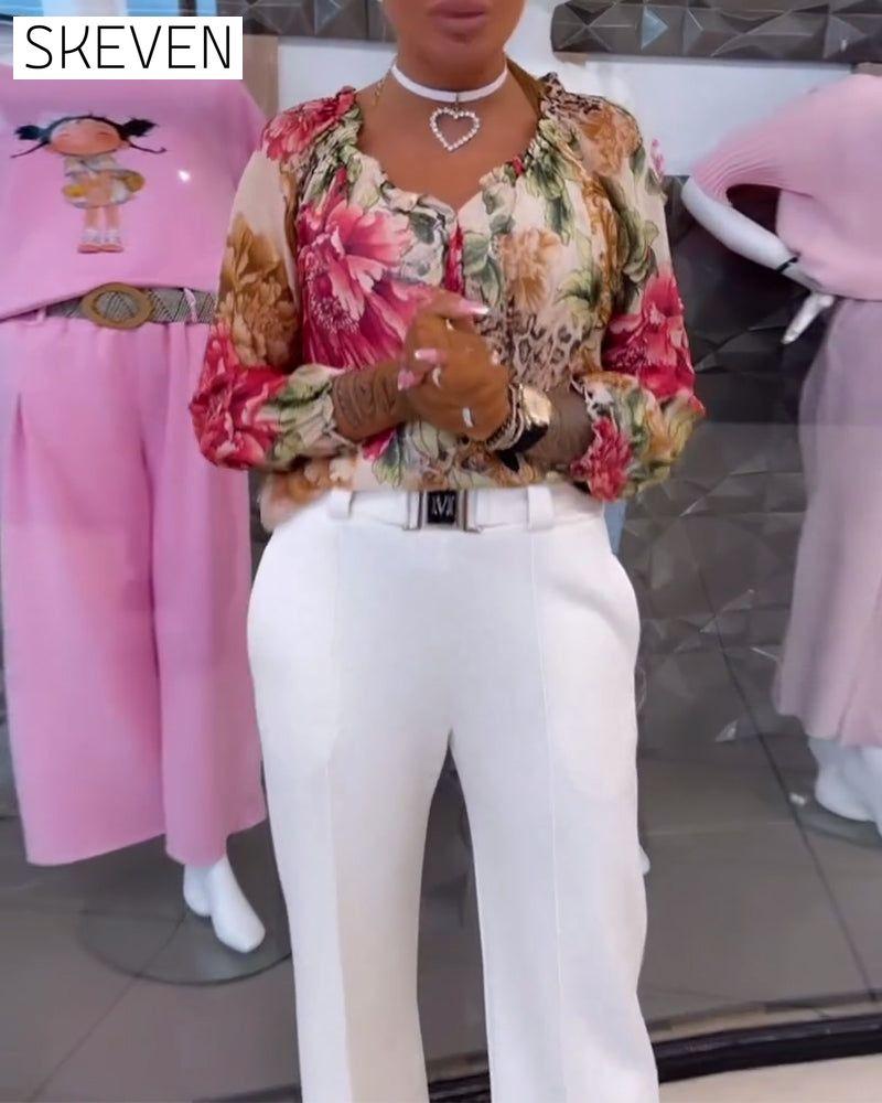 V-Neck Floral Print Blouse