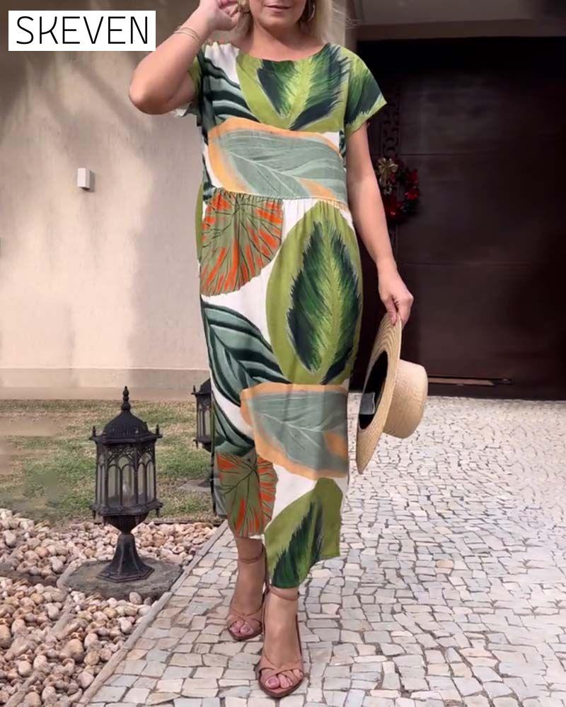 Leaf print short sleeve slit dress
