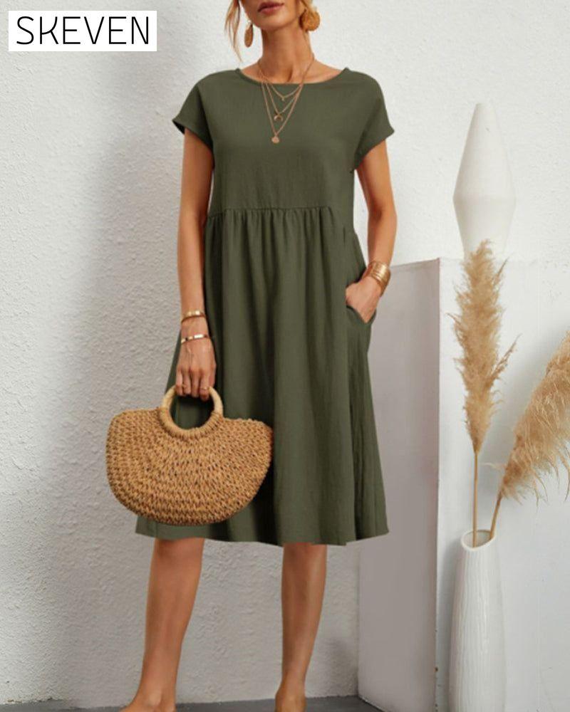 Round neck loose cotton and linen dress Green 23BF casual dresses Clothes Cotton and Linen discount Dresses Spring summer