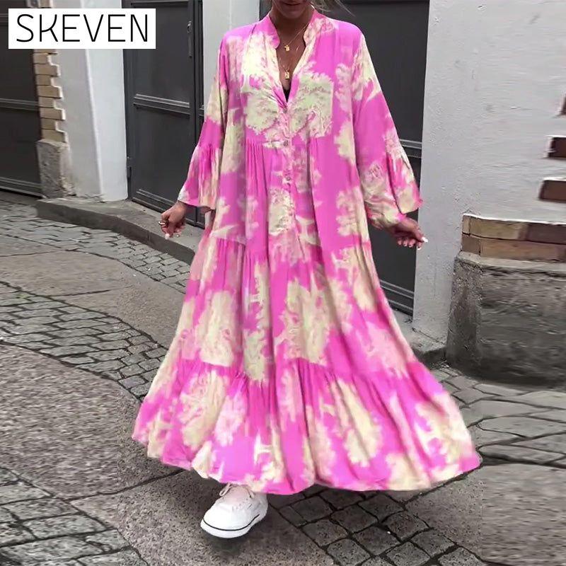 Loose printed V-neck bell sleeve patchwork dress
