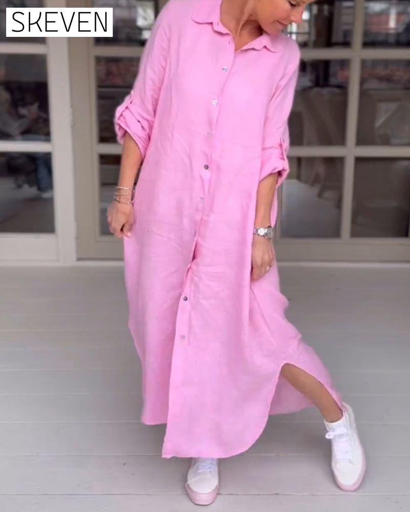 robe décontractée à revers boutonné couleur unie
