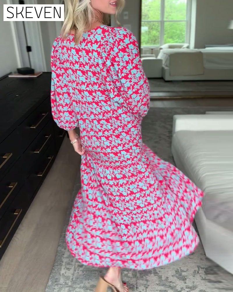 robe longue fleurie à col V et manches lanternes