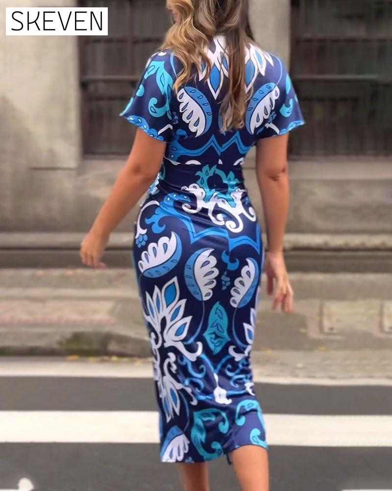 Elegant printed pleated wrap dress 202466 casual dresses summer