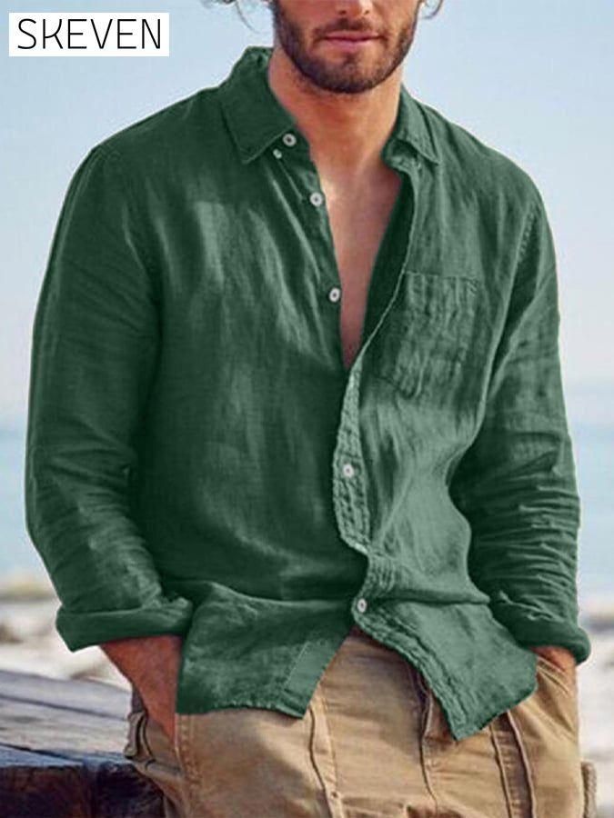 Solid Cotton Linen Casual Lapel Shirt men s linens