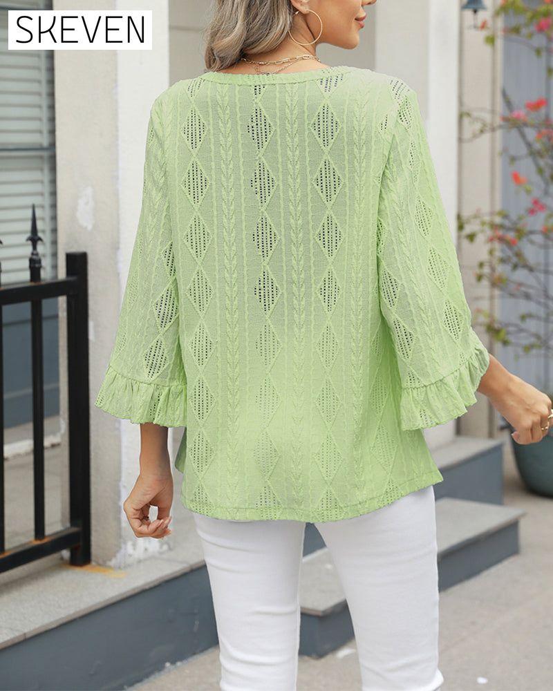 Diamond Check Hollow Trumpet Sleeve Top