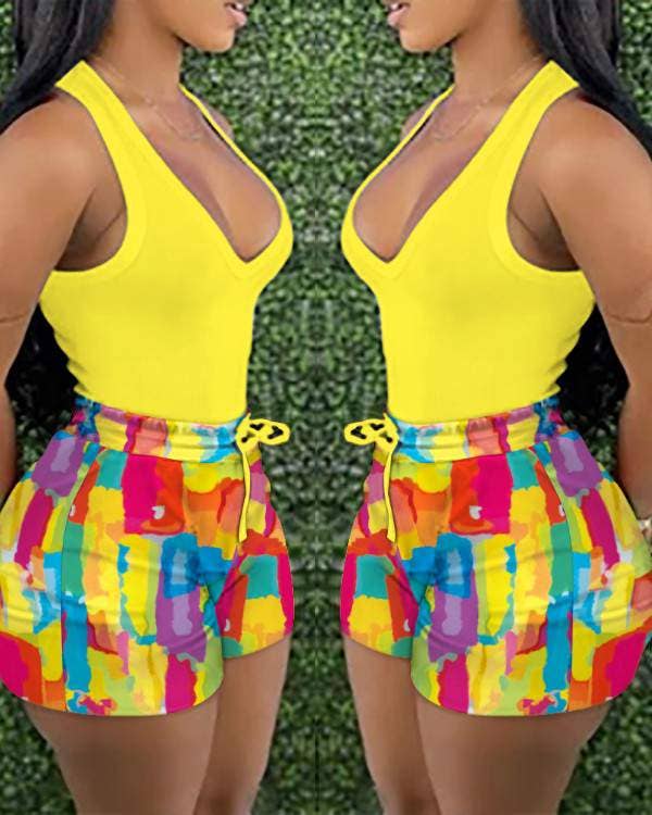 Solid halter tank top all over print shorts set