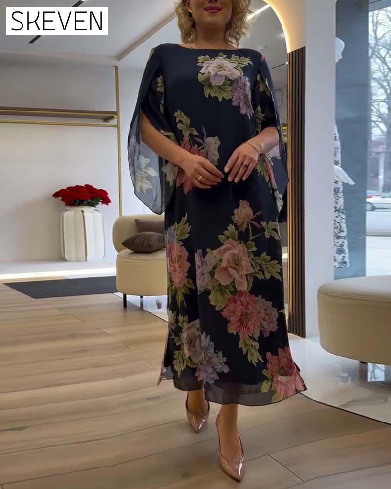 Round Neck Floral Slit Dress