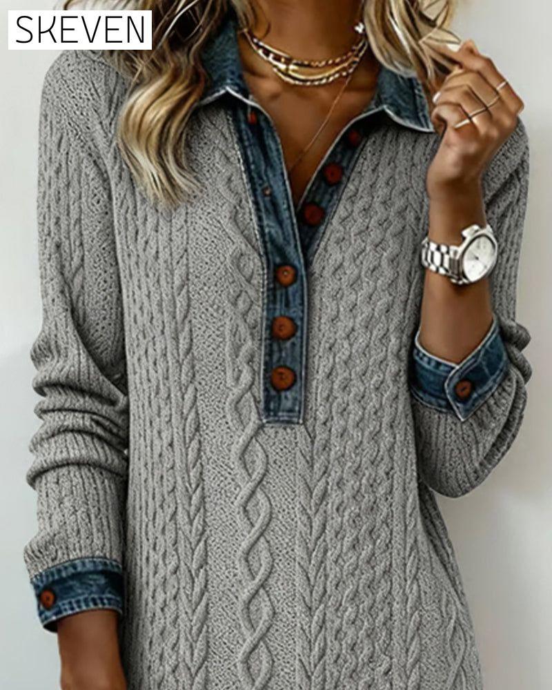 Denim cable knit patchwork collared dress