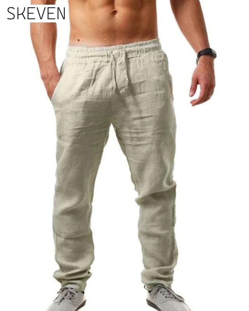 Pantalon en coton et lin respirant, couleur unie