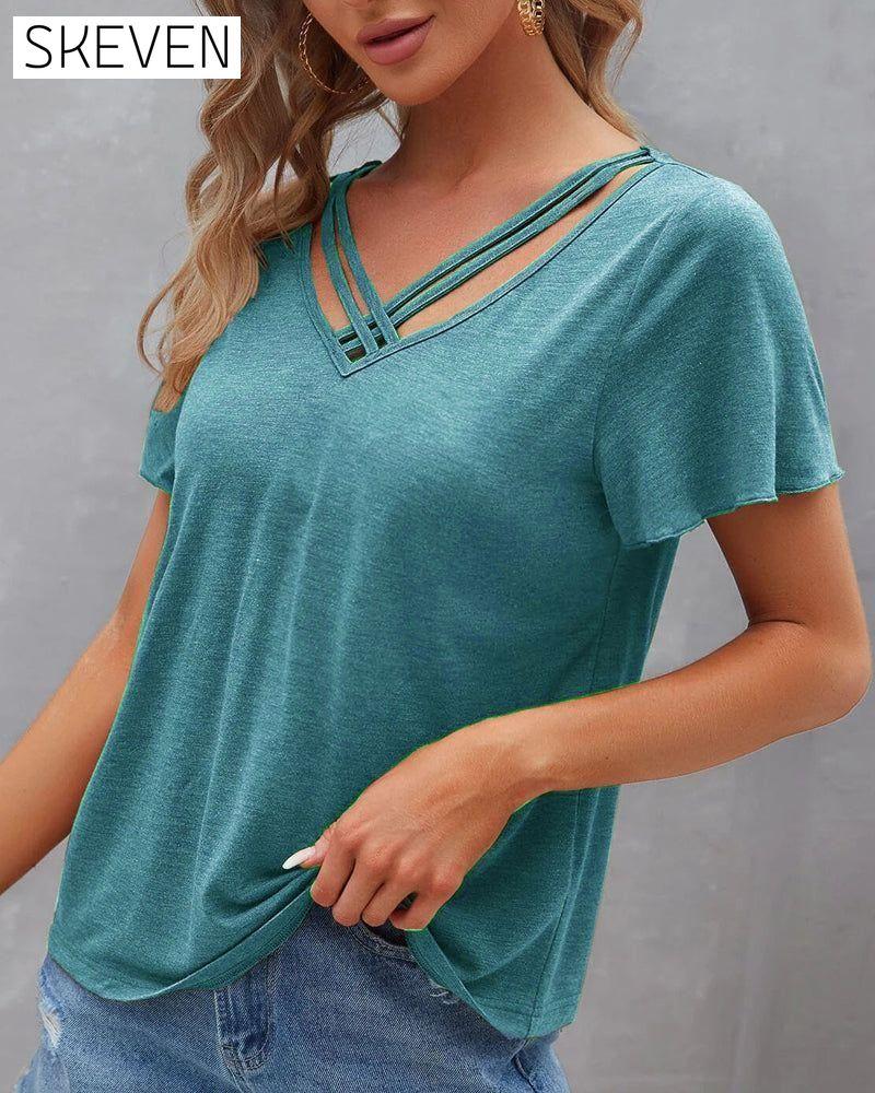 Solid color Cut Out T-shirt 23BF clothes Short Sleeve Tops Summer T-shirts Tops/Blouses