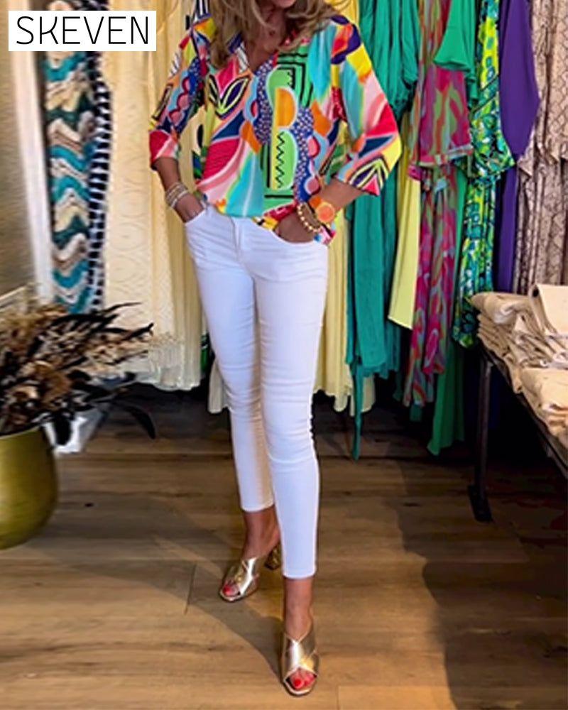 Long Sleeve Loose Printed Blouse