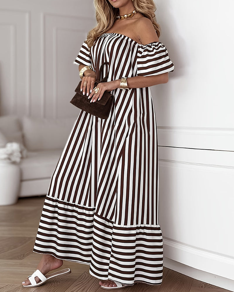 Striped Off-Shoulder Flared Long Dress