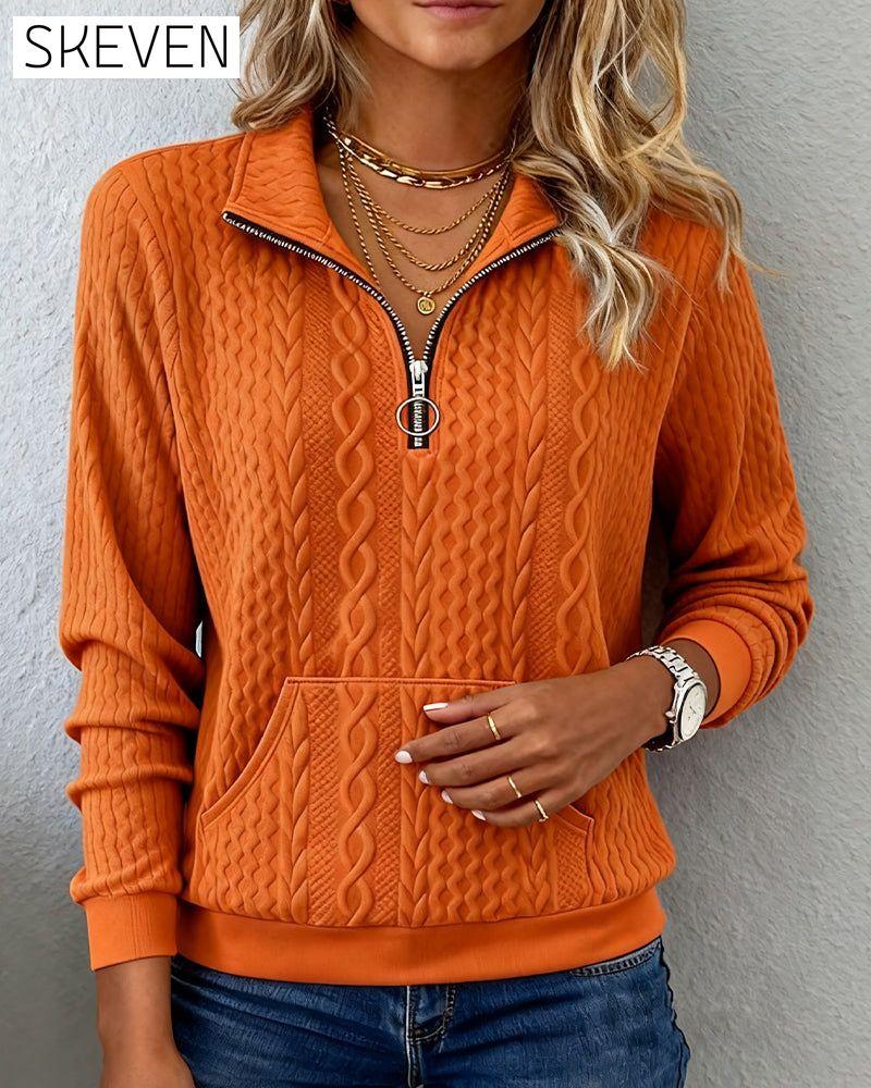Sweatshirt mit halbem Reißverschluss, Jacquardmuster, einfarbig
