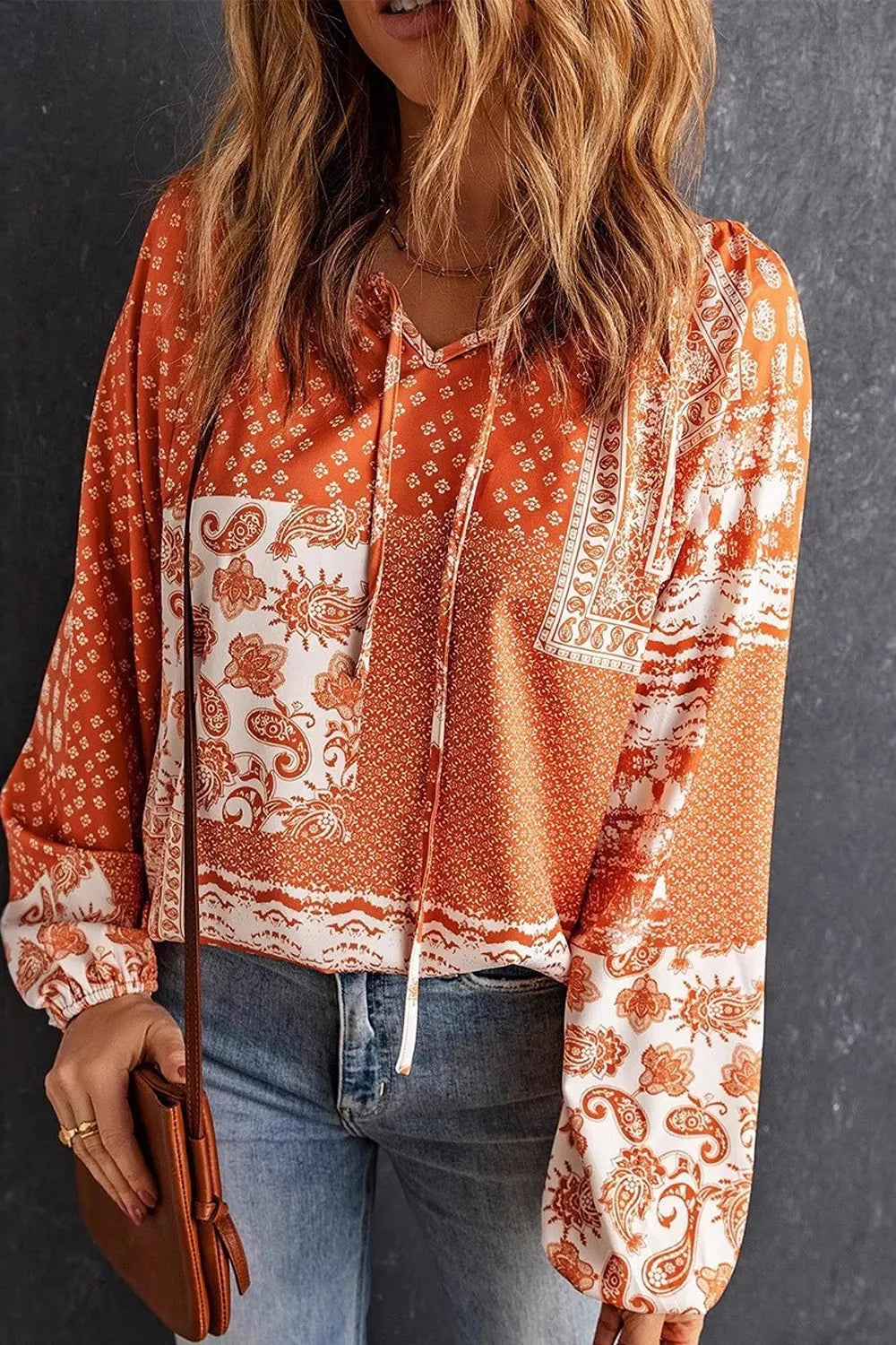 Full Size Paisley Print Tie-Neck Long Sleeve Blouse Plus Size