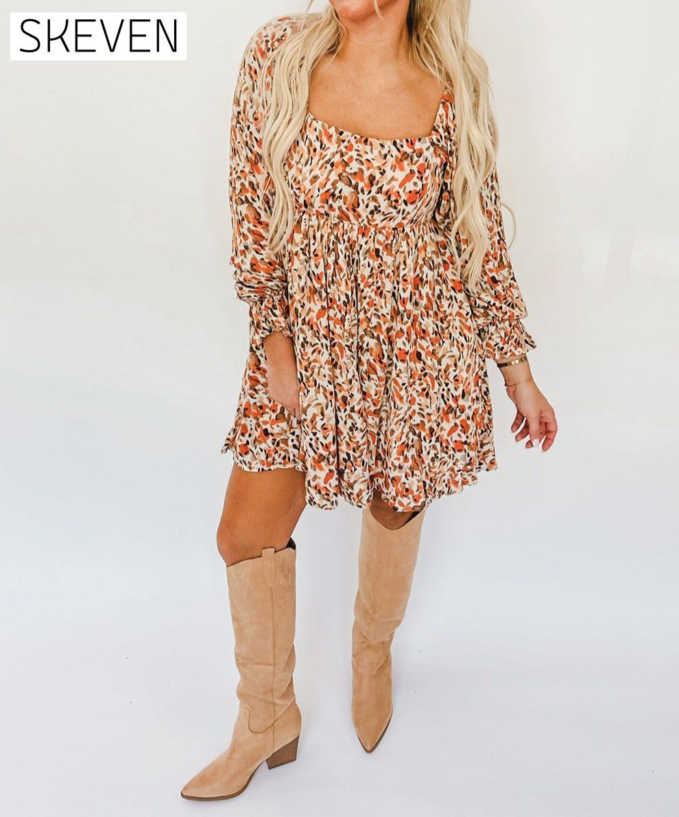 Multicolour Abstract Print High Waist Square Neck Mini Dress casual dress casual dresses clothes dress dresses long sleeve dresses long sleve dresses short dresses