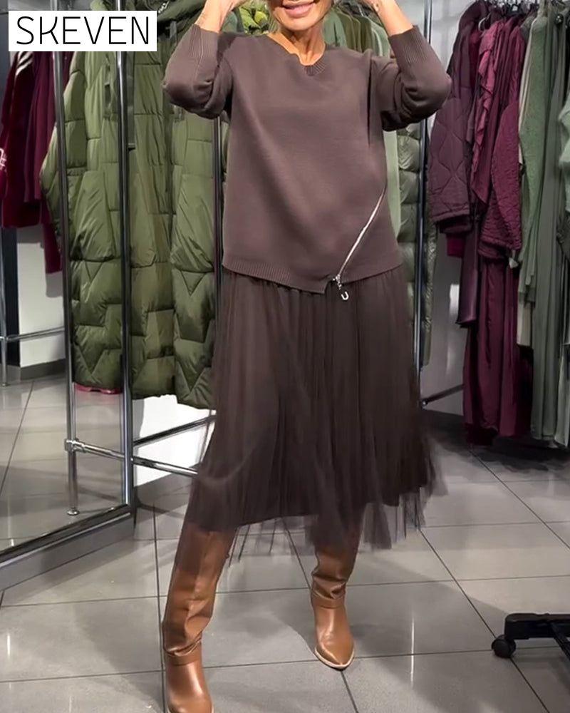 Set aus stylischem Pullover mit Reißverschluss und Rundhalsausschnitt