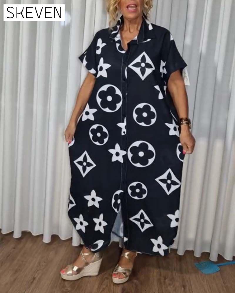 Contrast print lapel button casual dress