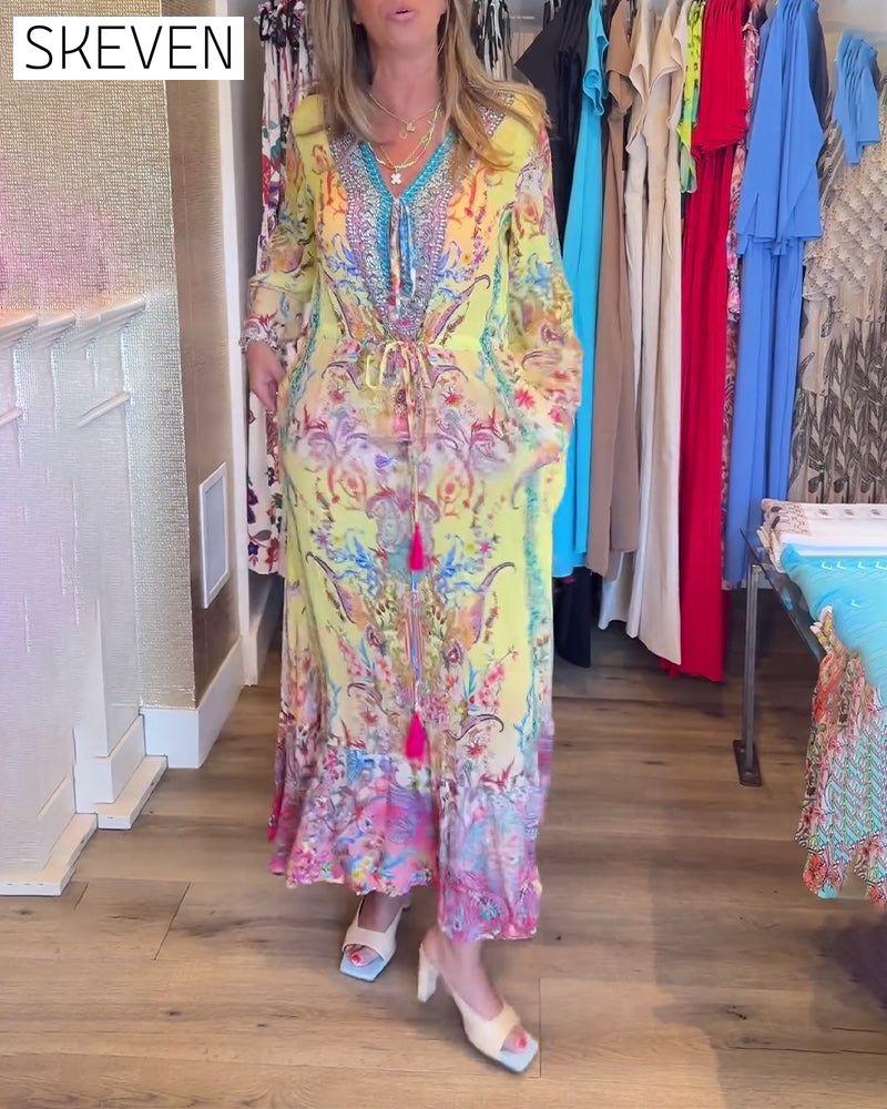 Long sleeve printed resort dress
