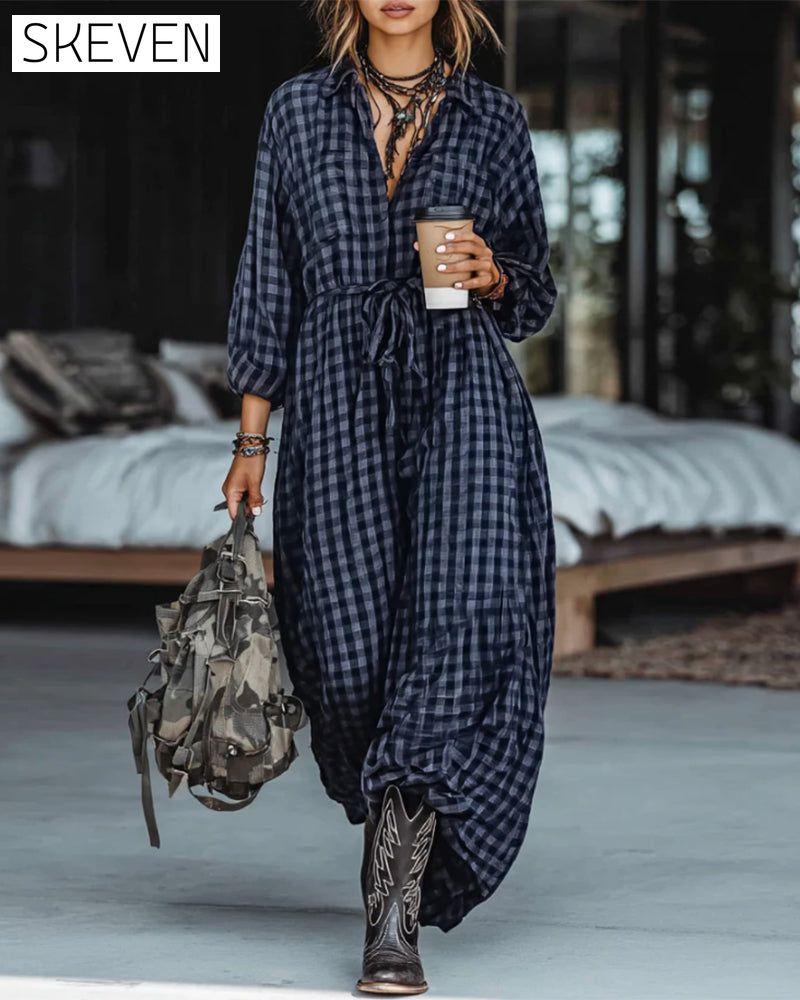 Fashionable Plaid Lapel Tie Dress