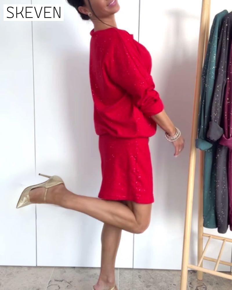 Robe de mode à col rond et fines paillettes