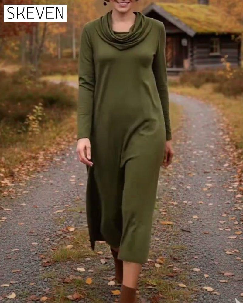 Lässiges, schlichtes, einfarbiges Kleid mit Tasche