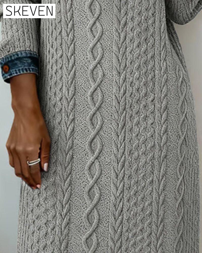 Denim cable knit patchwork collared dress