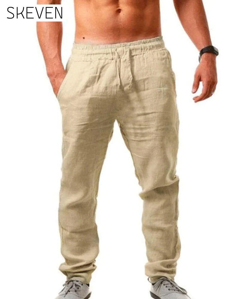 Pantalon en coton et lin respirant, couleur unie