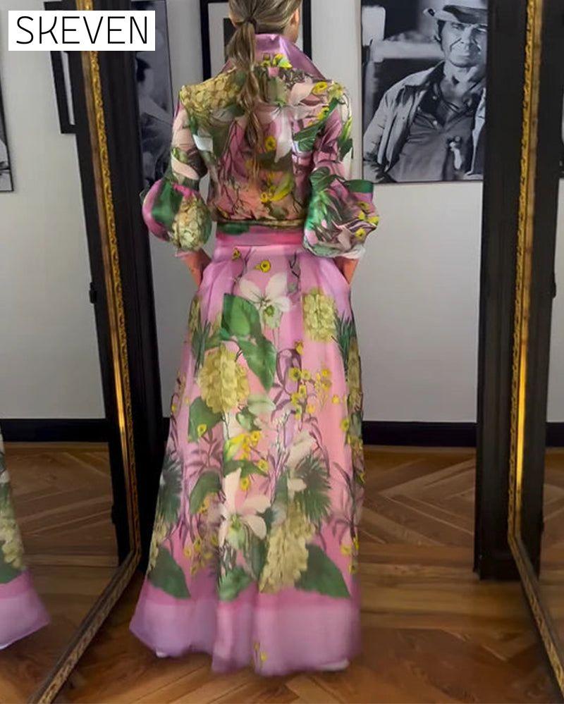 Stylish maxi dress with lapel and floral print with pocket 2024 f/w party dresses spring vacation dresses
