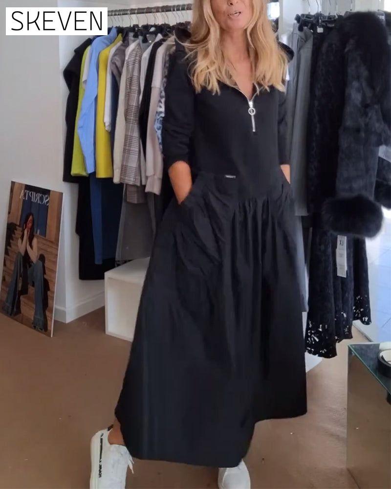 Robe décontractée à capuche zippée et poches patchwork