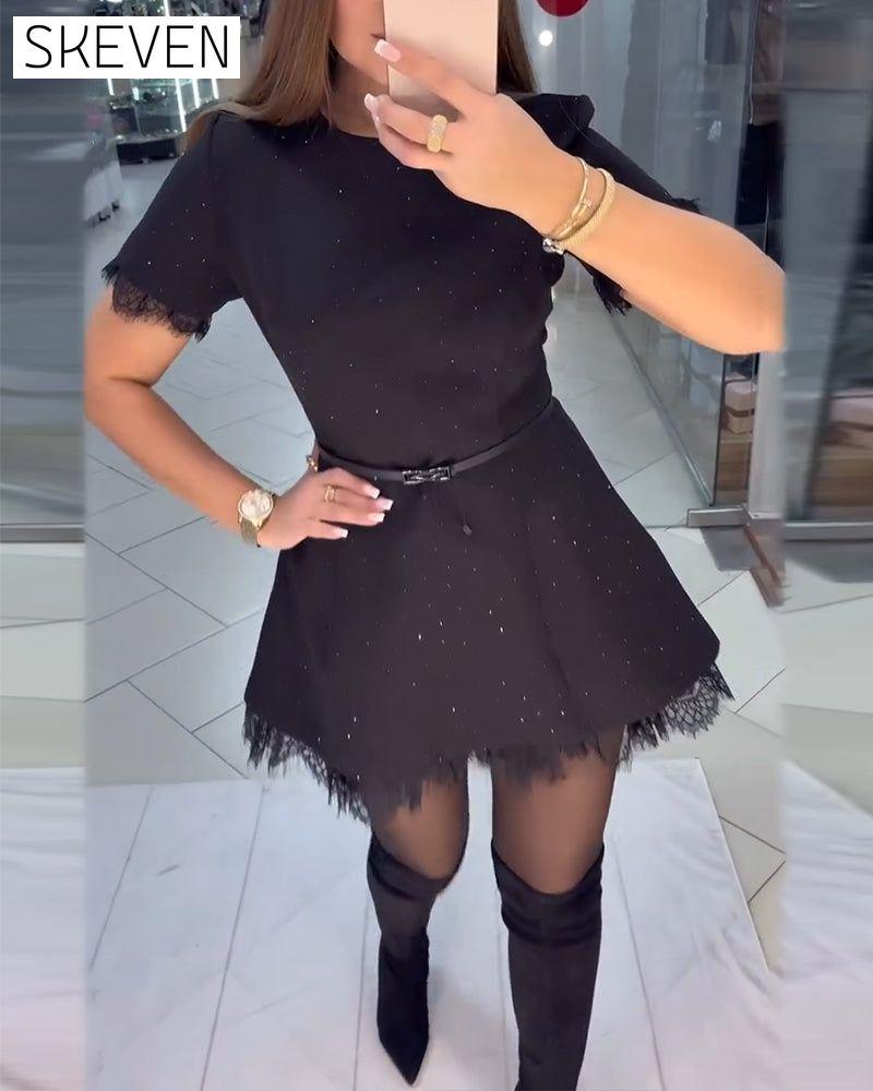 Sparkling Lace Short-Sleeve A-Line Dress
