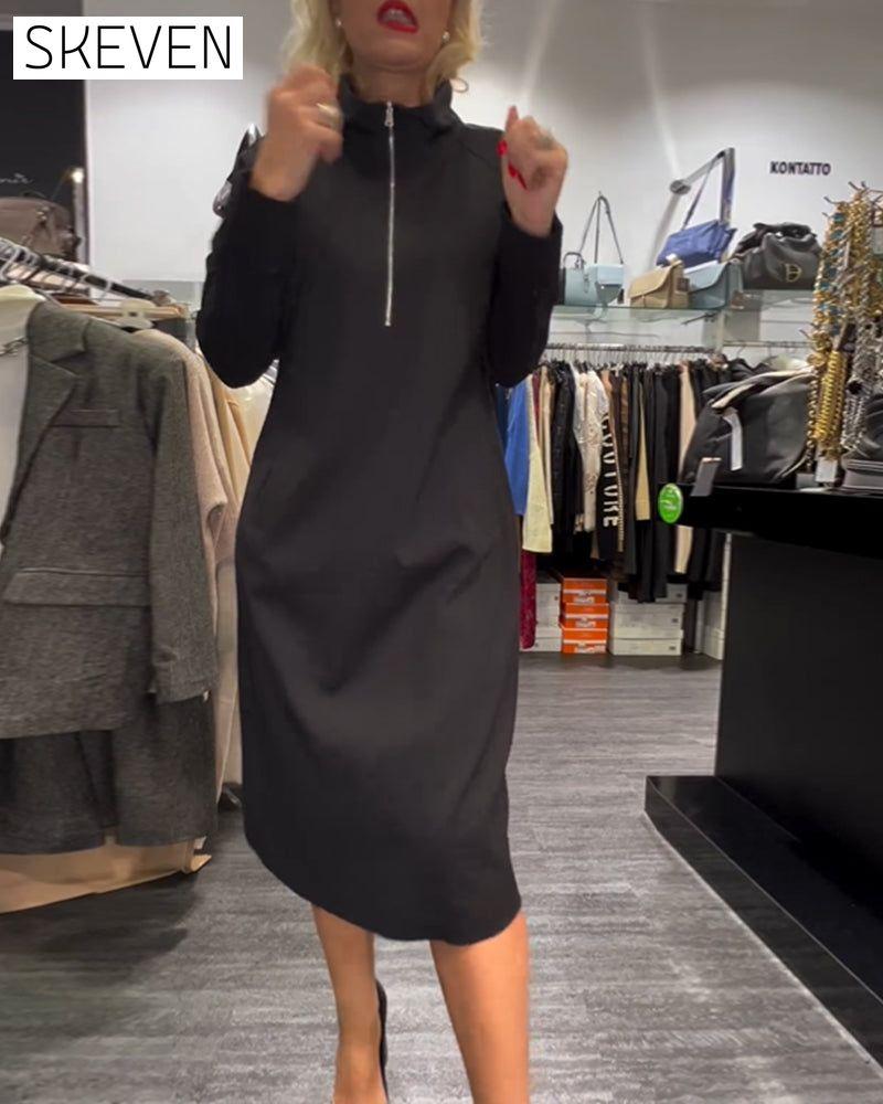 einfarbiges Kleid mit Stehkragen und Reißverschluss