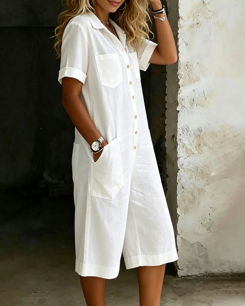 Shirt Collar Button-Front Short Sleeve Jumpsuit